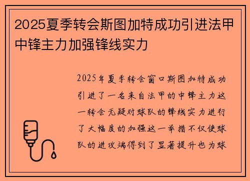 2025夏季转会斯图加特成功引进法甲中锋主力加强锋线实力 2025夏季转会斯图加特成功引进法甲中锋主力加强锋线实力