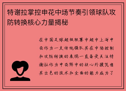 特谢拉掌控申花中场节奏引领球队攻防转换核心力量揭秘 特谢拉掌控申花中场节奏引领球队攻防转换核心力量揭秘