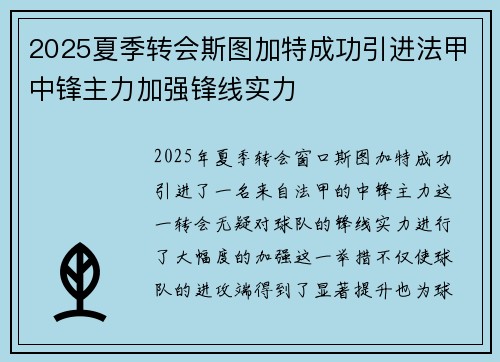 2025夏季转会斯图加特成功引进法甲中锋主力加强锋线实力 2025夏季转会斯图加特成功引进法甲中锋主力加强锋线实力